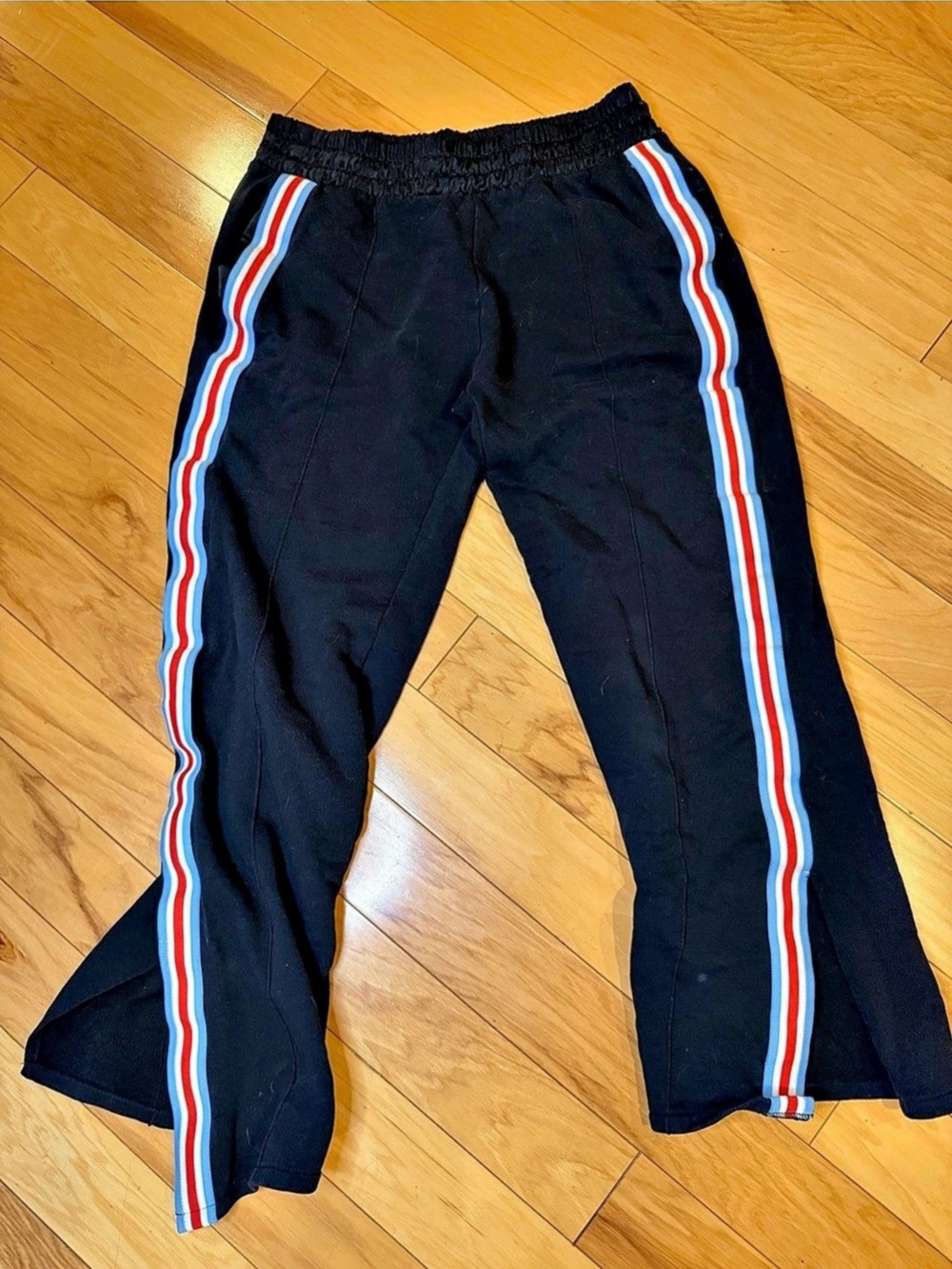 Zara Woman Black Track Pants Large Side Stripe Red Blue Split Hem Joggers L